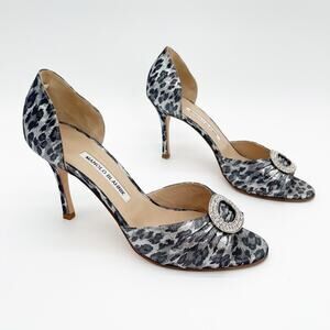 Manolo Blahnik Sedaraby Leopard Print Crystal Buckle Peep Toe Heels IT 39.5